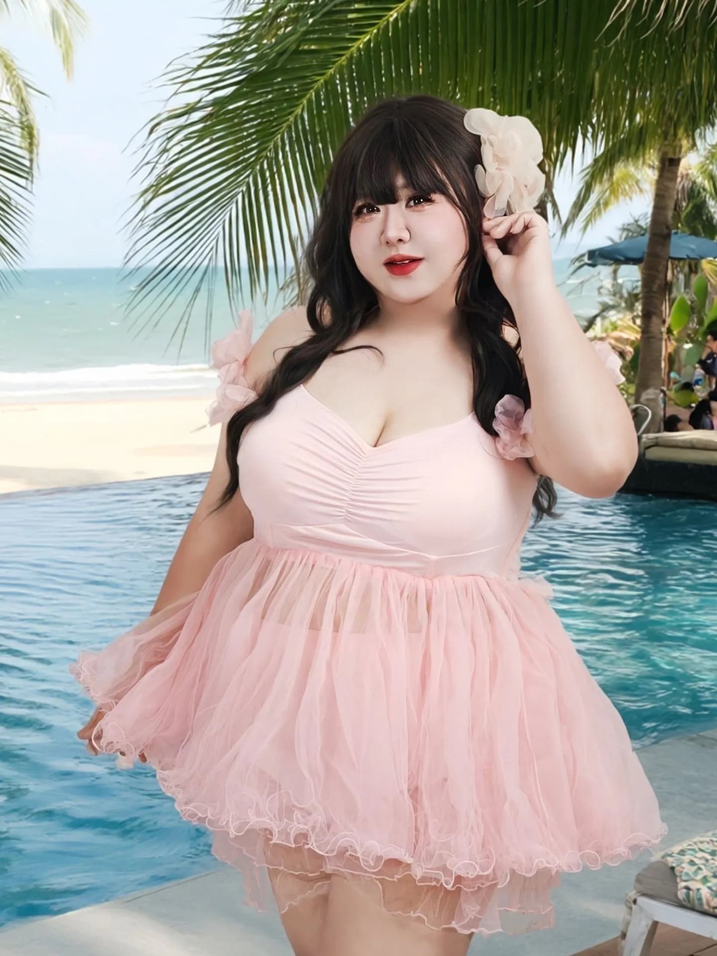 Costume da bagno Sweet Love Lolita in tulle rosa, modello Skirtini, due pezzi con volant, per donne curvy (XL-XXXL)