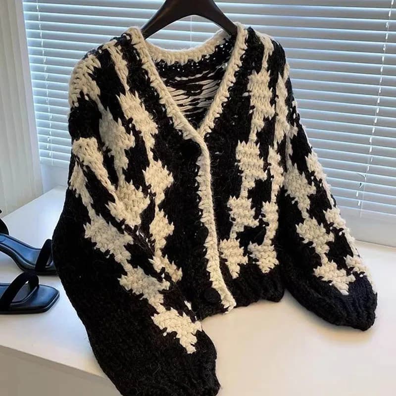 Cappotto cardigan maglione da donna autunno inverno nuova industria pesante lavorato a maglia a contrasto con ago spesso sciolto, confortevole, morbido, dal design unico