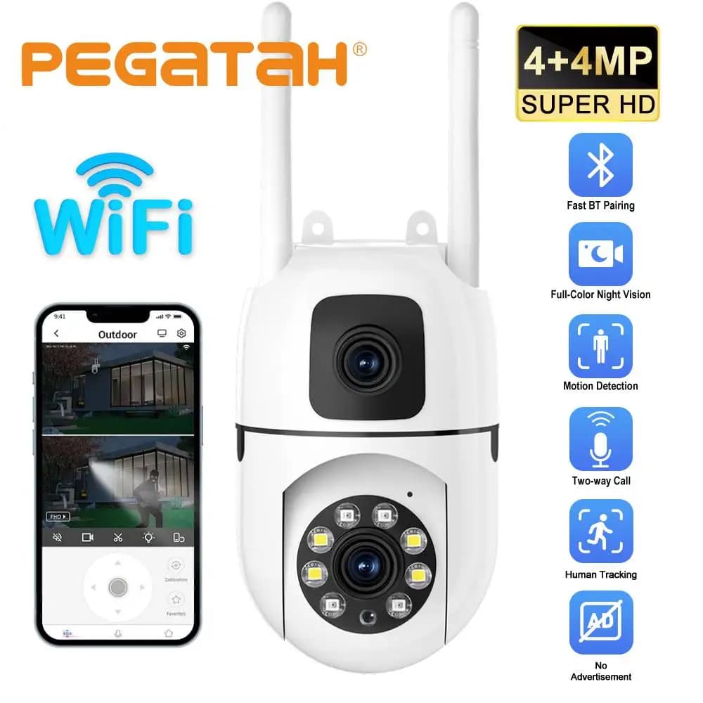 Telecamera di Sorveglianza WiFi PEGATAH 8MP HD per Esterni, 4K con Doppia Lente e Doppio Schermo, Rilevamento Umano, Protezione di Sicurezza IP, Video CCTV