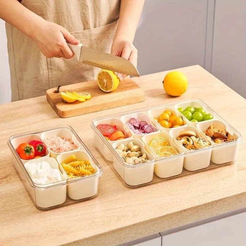 Contenitore per snack con manico e coperchio, impilabile, con 8 scomparti rimovibili per frutta e frutta secca.