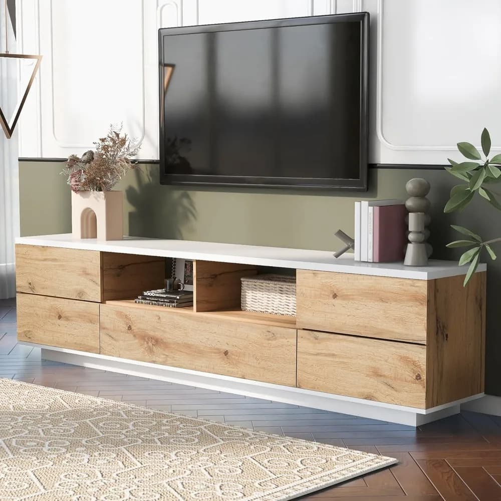 Supporto TV moderno con 6 armadietti e 2 spazio di archiviazione aperto, centro di intrattenimento moderno in legno per TV fino a 80", robusto console TV f