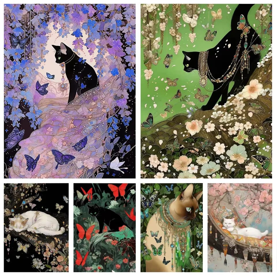 1 pz. Diamond Painting senza cornice 5D fai da te, nuovo, con animali, gatto nero, farfalla, fiore, completo