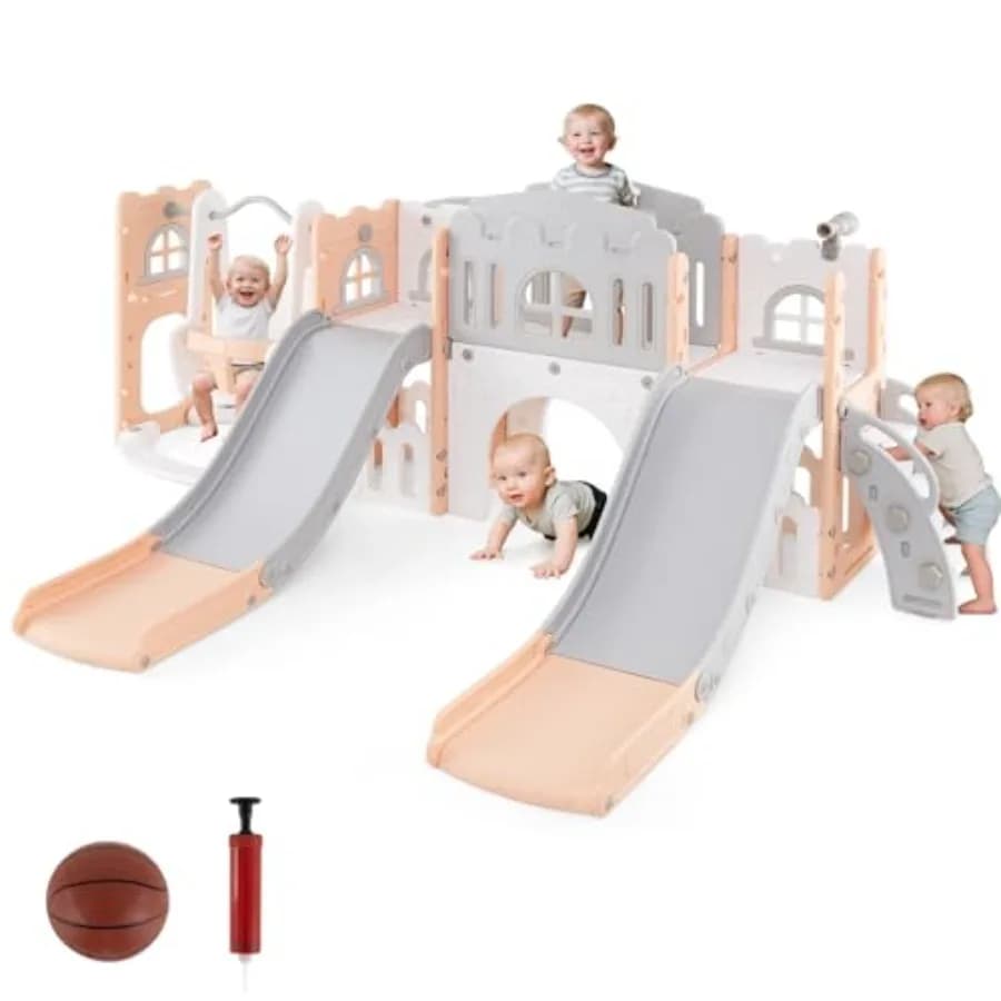 Set Altalena e Scivolo 10 in 1 per Bambini, con Doppio Scivolo e Struttura da Arrampicata, Finestra Peek-a-Boo e Spazio Contenitore, per Interni