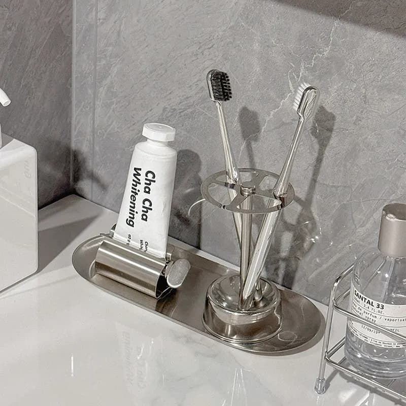 Stainless Steel Toothbrush Toothpaste Holder No Drill Wall Mounted With Cup for Bathroom Kitchen Countertop Storage Supplies