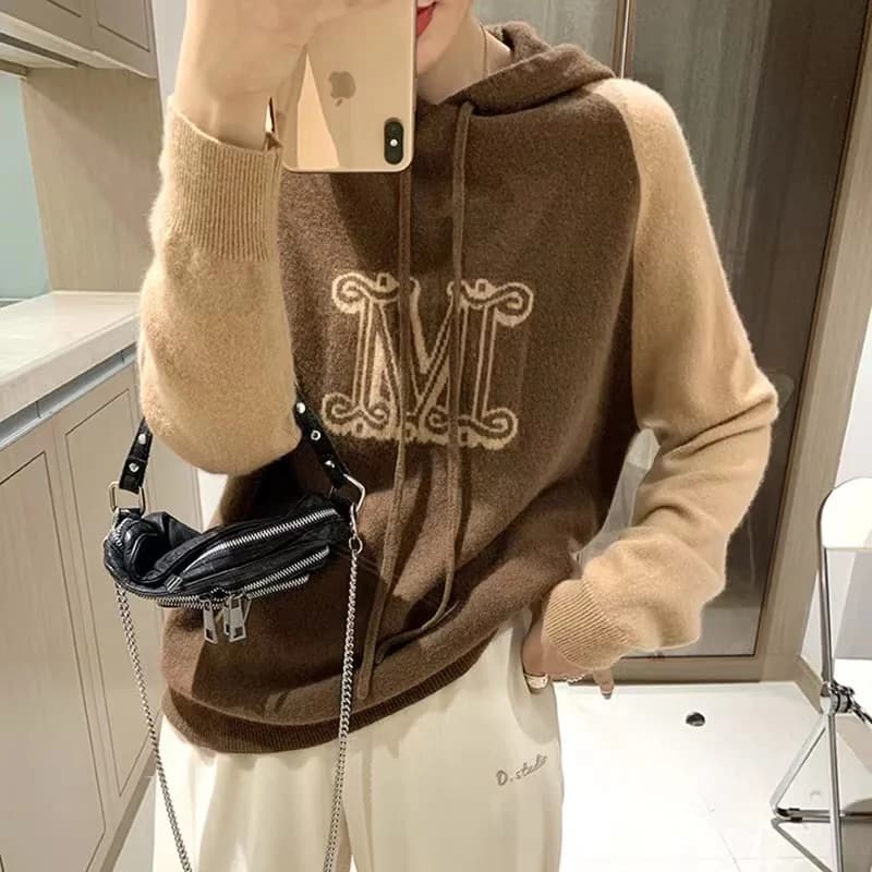 Felpe con cappuccio cammello da donna Felpa con cappuccio con lettera M da donna Felpa con cappuccio in cashmere caldo Felpa con cappuccio lavorata a maglia da donna