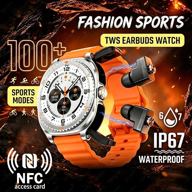 New 2-in-1 TWS earphones smartwatch men's and women's sports fitness watch noise cancelling music NFC Bluetooth call smartwatch