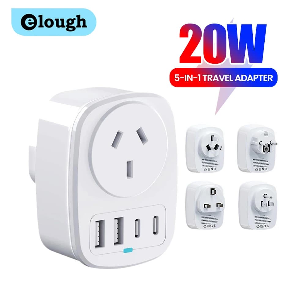 Prolunga per presa a muro con presa AU per UE USA UK con 2 USB e 2 tipo C PD 20W Adattatore per caricabatterie rapido multipresa per viaggi a casa