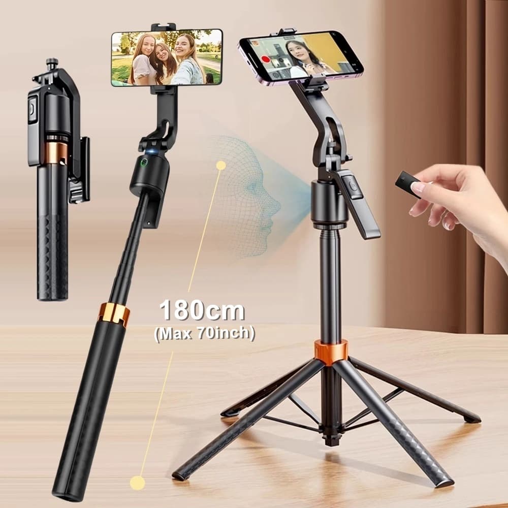 Treppiede con giunto cardanico intelligente AI alto 180 cm/71 pollici pieghevole 360 ° Supporto per telefono selfie stick con tracciamento automatico del volto per lo streaming live