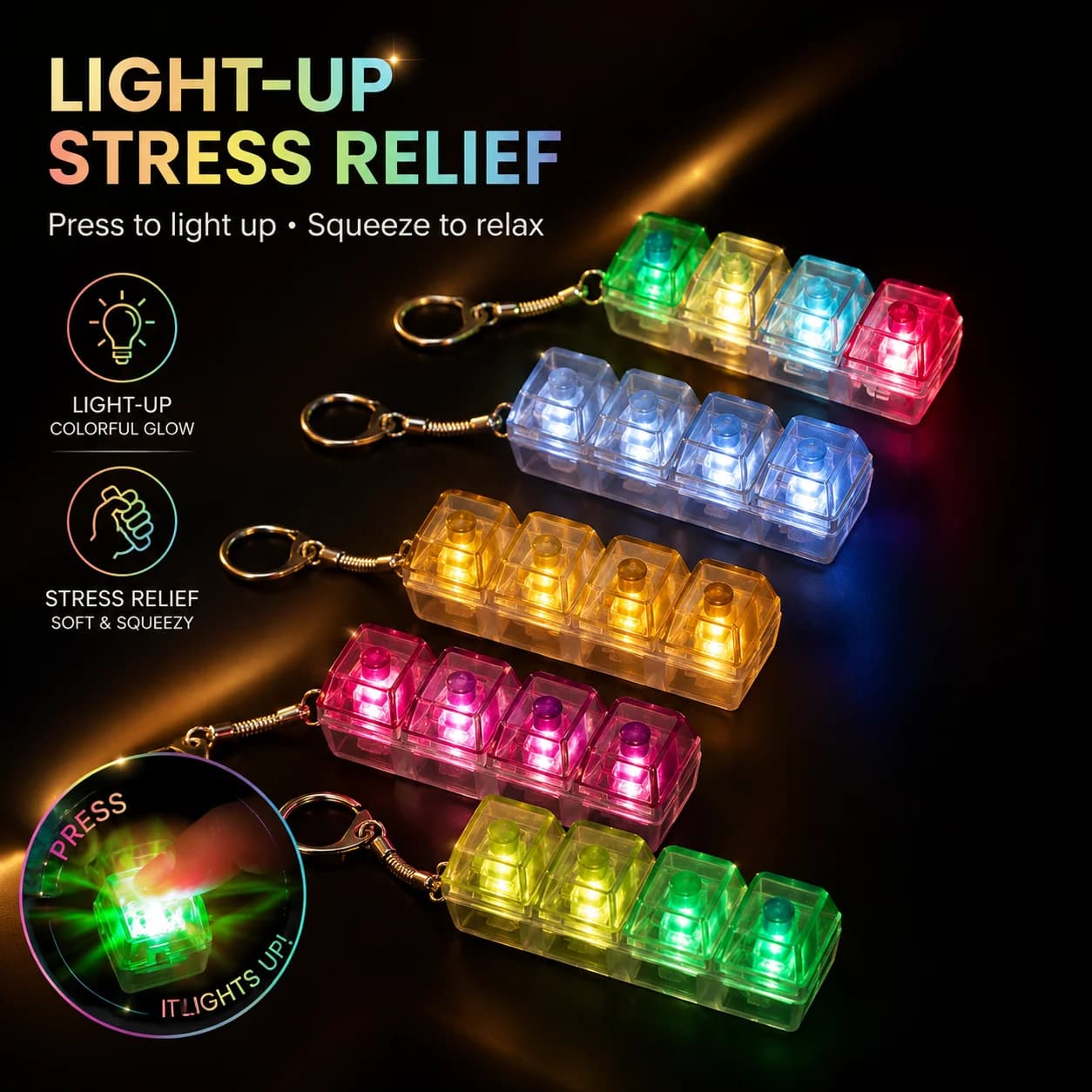 Tastiera Fidget Toys LED Crystal Keycap Portachiavi Sollievo dallo stress Punta delle dita Gadget Giocattoli di decompressione Clicker Fidget Toy