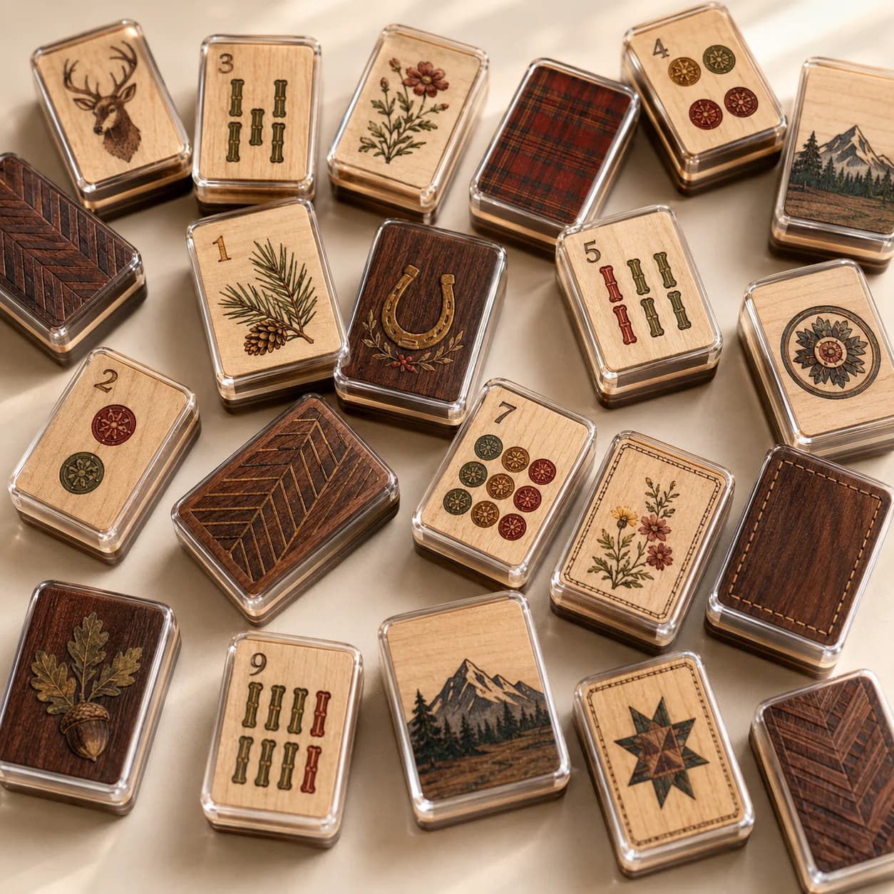 Custom Luxury Portable American Mahjong Tiles Set 160 Tiles Acrylic Wood Grain Rustic Lodge Entertainment Cabin Game Night