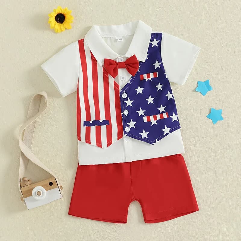 Completi per bambina del 4 luglio, top a maniche corte con volant e pantaloncini di jeans, set di vestiti per bambini, costume per il Giorno dell'Indipendenza