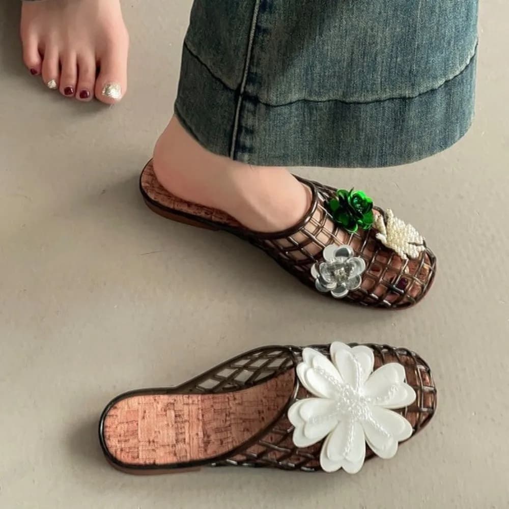 Pantofole in cristallo di PVC con punta tonda Sandali in gelatina con rete da pesca morbida e trasparente antiscivolo con fondo piatto basso Scarpe fai da te con ciondoli Scarpe da ragazza