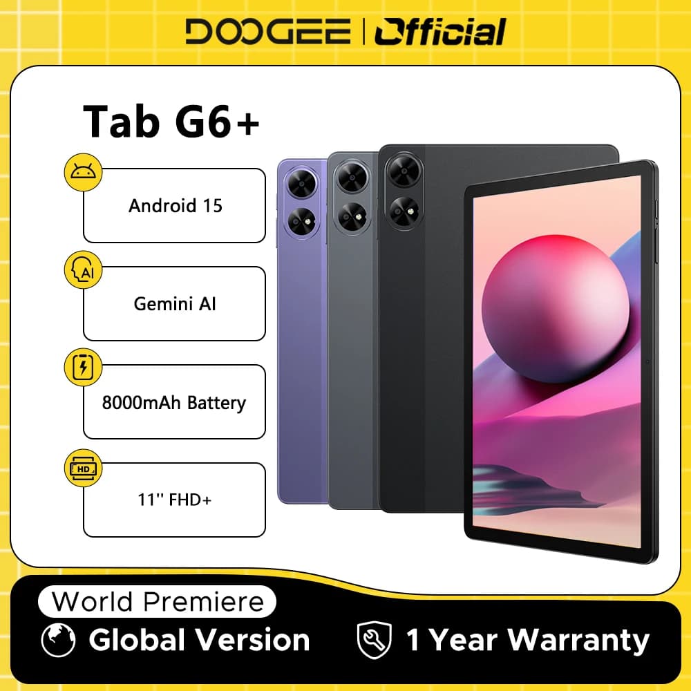 DOOGEE Tab G6 + Tablet Android 15 Gemini Al 11'' Display Double Speakers Battery 8000mAh 8GB 256GB Support Widevine L1 Smart Pad