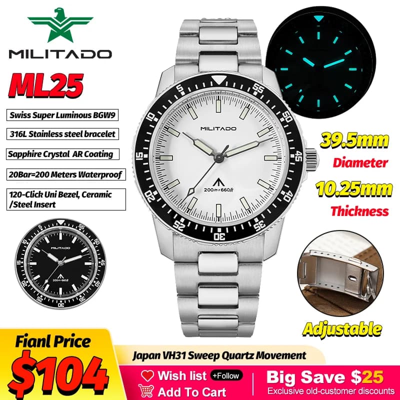 Orologio Subacqueo da Uomo Militado ML25 al Quarzo con Movimento VH31, Cristallo Zaffiro, Luminoso BGW9, Acciaio Inossidabile, Impermeabile 200M