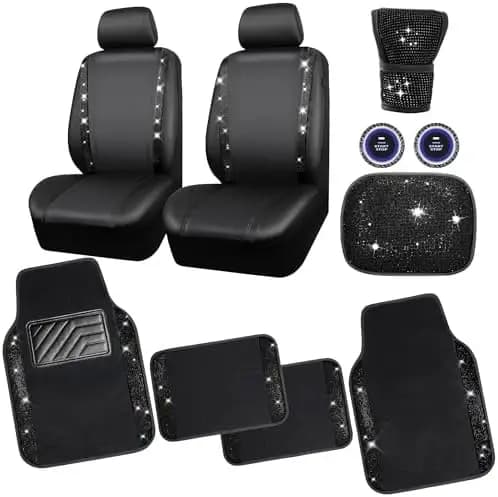 Set of Auto Covers with Diamonds and Anti-slip Mats - Black Car Accessories with Sparkling Rhinestones for Women