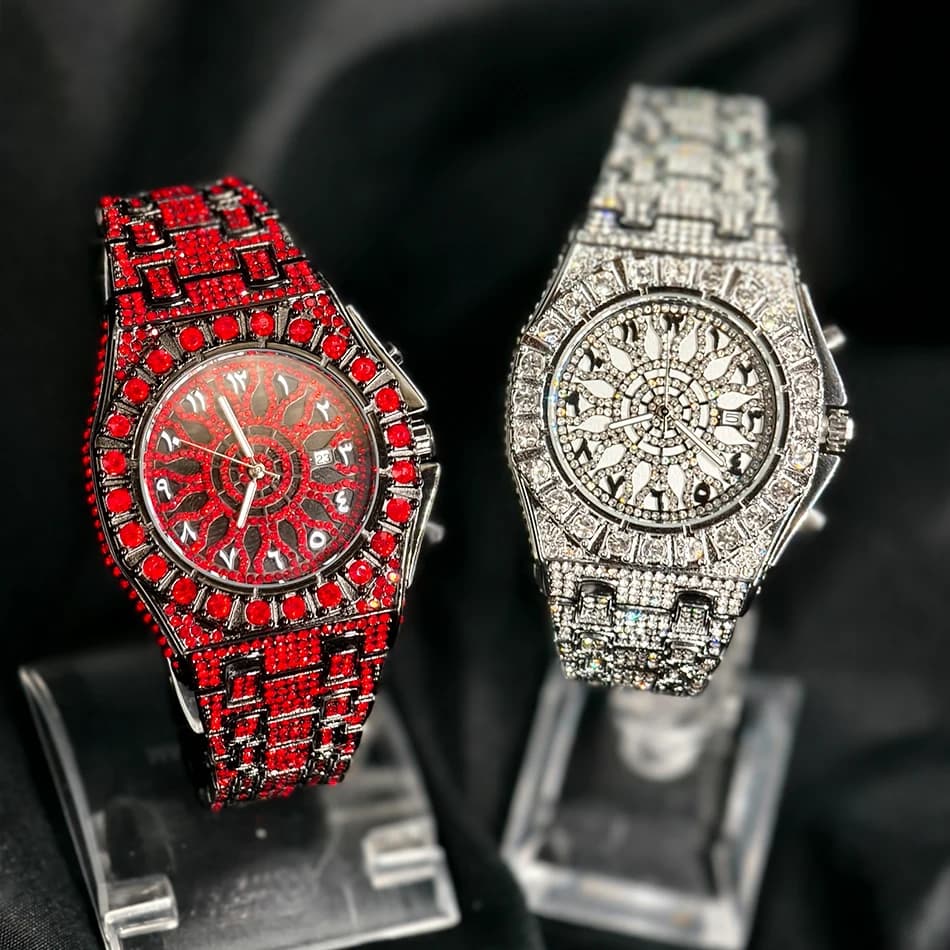 Men's Round Wrist Watch PINTIME with Red Diamonds, Hip Hop Style, with Arabic Numerals, Quartz, Jewel Iced, New 2026