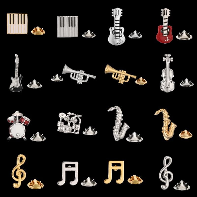 Spilla da uomo nota attrezzatura musicale sassofono pianoforte chitarra e violino design abito cappotto spilla da bavero cappello da donna zaino distintivo