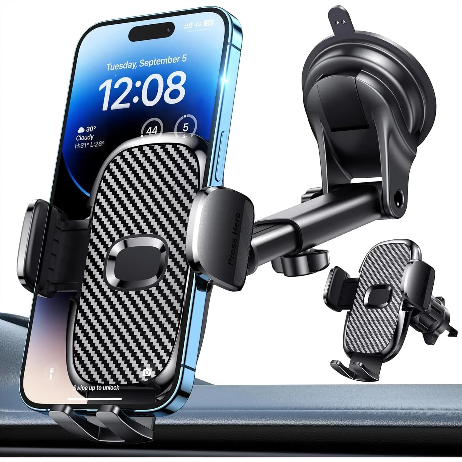 Supporto per telefono da auto con rotazione a 360° ° Supporto a ventosa per cruscotto e bocchetta dell'aria, supporto universale per telefono iPhone e Android