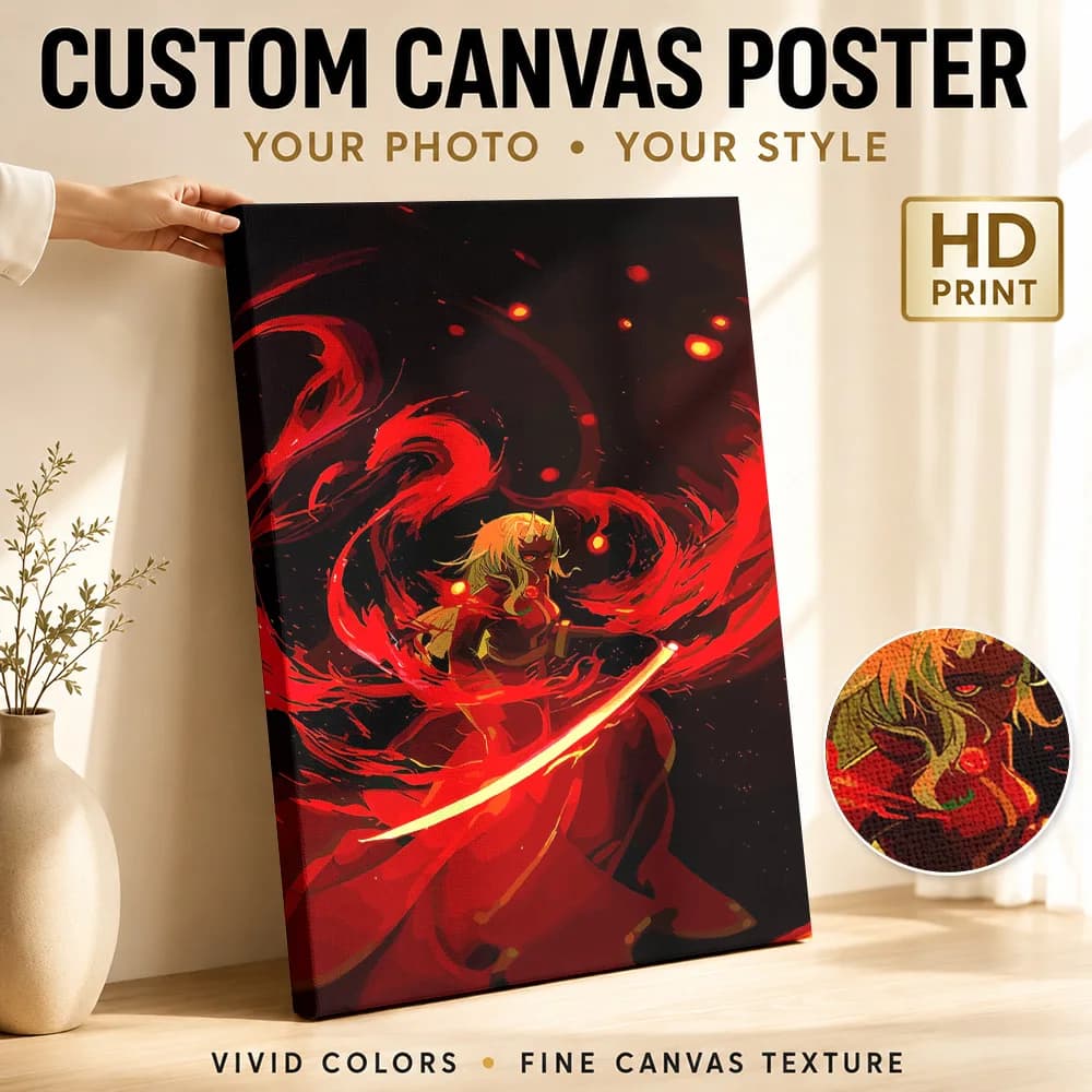 Red Oni Warrior with Katana Canvas Print Poster Customized Modern Pop Culture Wall Art for Game Room Decor Gift for Collectors