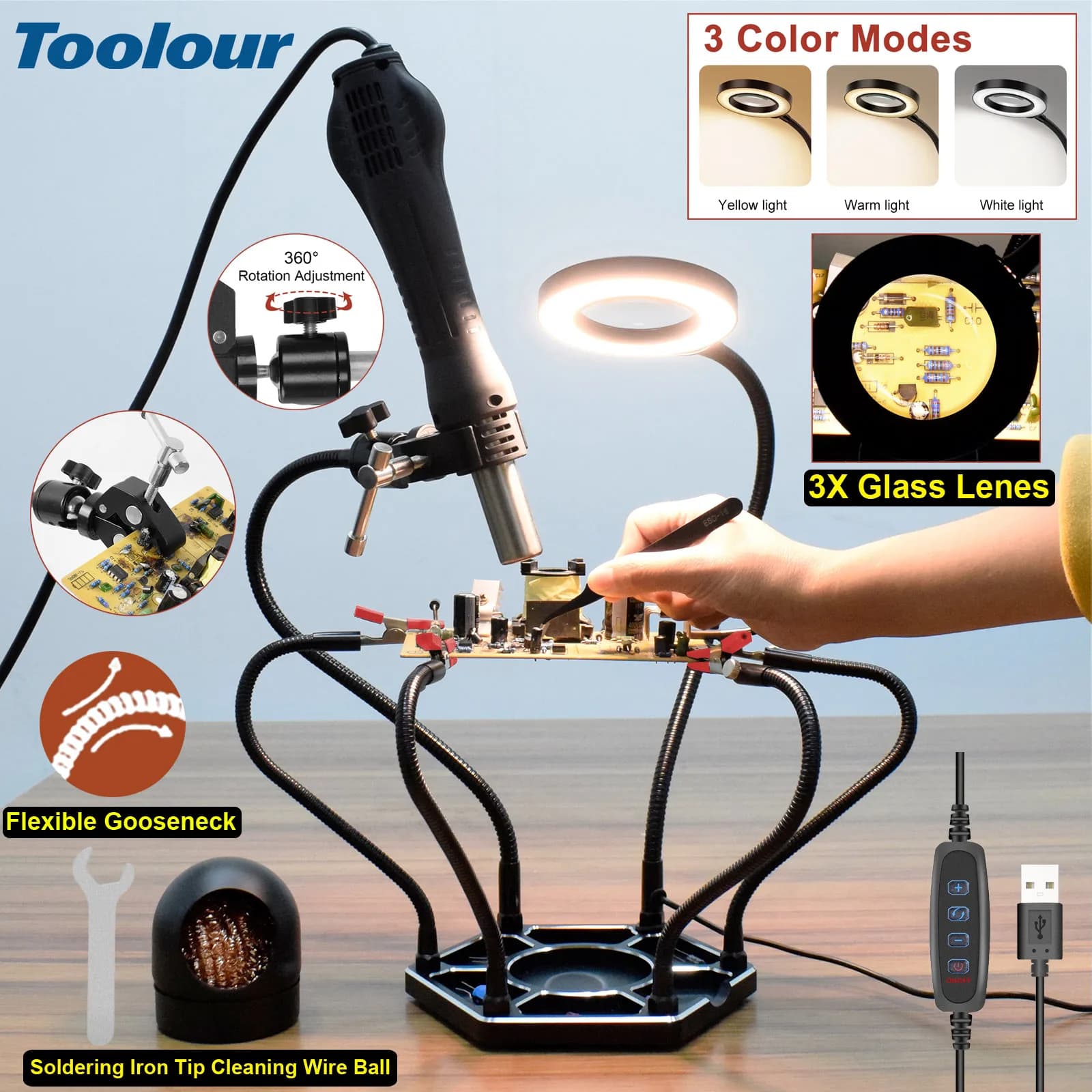 Toolour Helping Hand Soldering Third Hand PCB Holder with Soldering Iron Tip Cleaner 3X Magnifying Glass 360° Heat Gun Holder