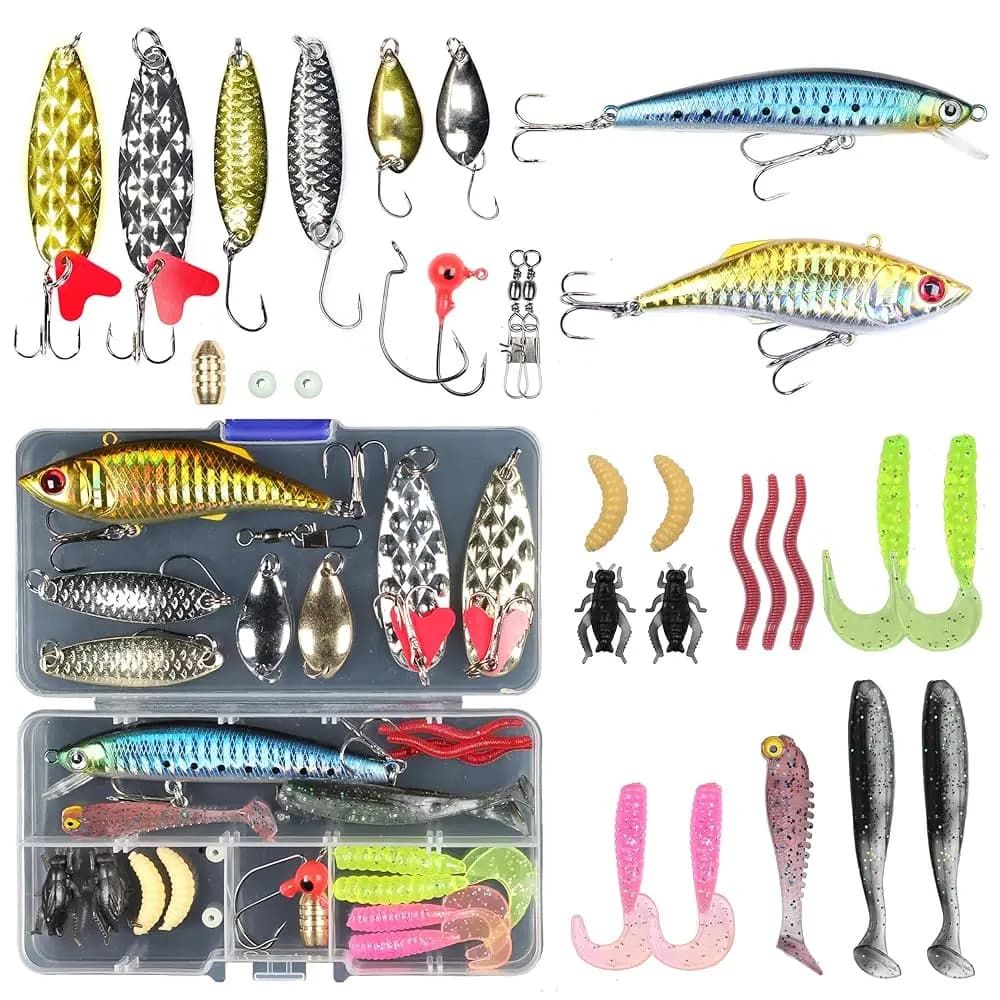Kit di esche da pesca 79/147/399 pezzi, set di esche per bass, trota, salmone, pesce d'acqua dolce, scatola per attrezzatura da pesca, esche a forma di gamberetti e vermi.