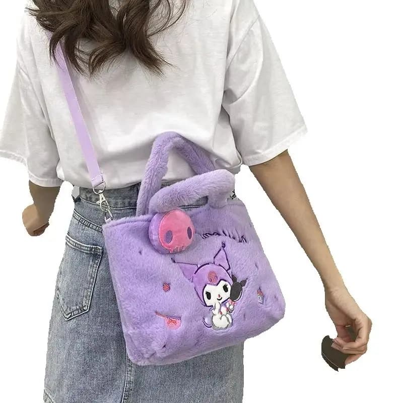 Borsa a tracolla in peluche Sanrio Kuromi Cinnamoroll, borsa a mano a tracolla a forma di cartone animato, bambola giocattolo di peluche per ragazze