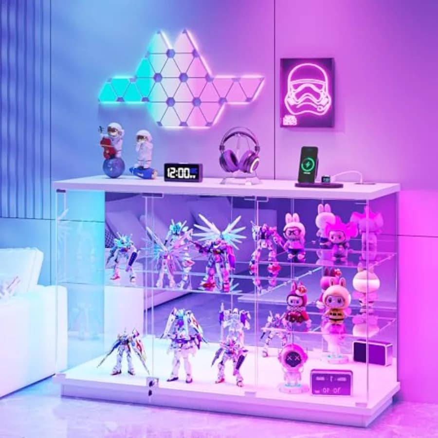 RGB Glass Display Cabinet with Lock for Collectibles: White tempered glass, LED lighting, secure locking mechanism, modern desi
