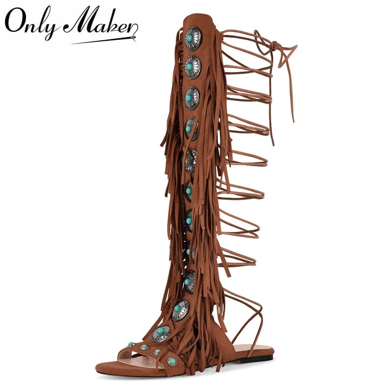 Onlymaker Women Open Toe Tassels Jewel Flat Sandals Lace UP Big Size Fashion Luxury Fringe Sandals