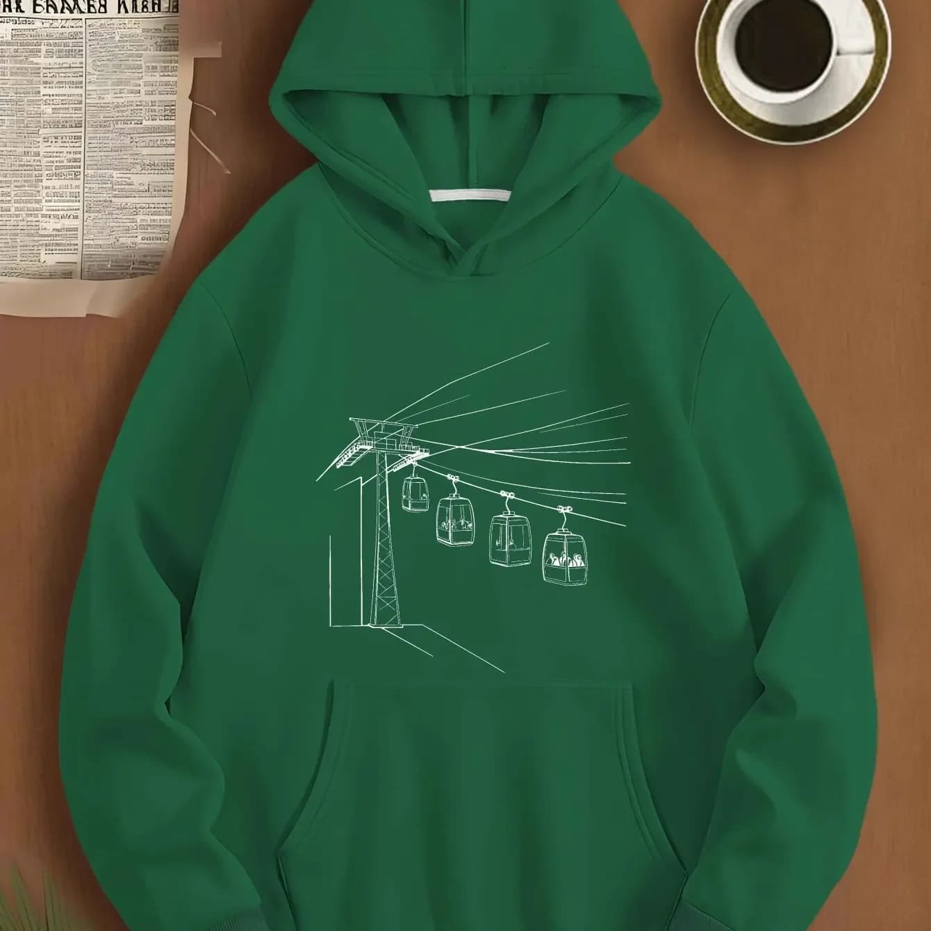 Minimalist Mountain Cable Lift Sketch Graphic Hooded Sweatshirt Men Loose Pullover Hoodie Unisex