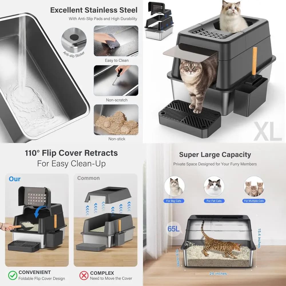 Lettiera per Gatti Extra Large Chiusa con Coperchio, Design in Metallo a Bordi Alti XL, Ingresso Superiore, Pedale e Paletta (Nero)