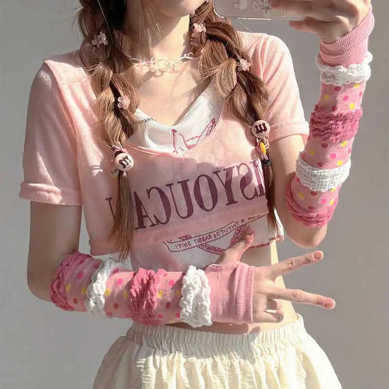 Y2K Girls Sweet Pink Dot Knitted Arm Sleeves JK Lolita Kawaii Sunscreen Women Hip Hop Long Hand Gloves Elastic Fingerless Gloves