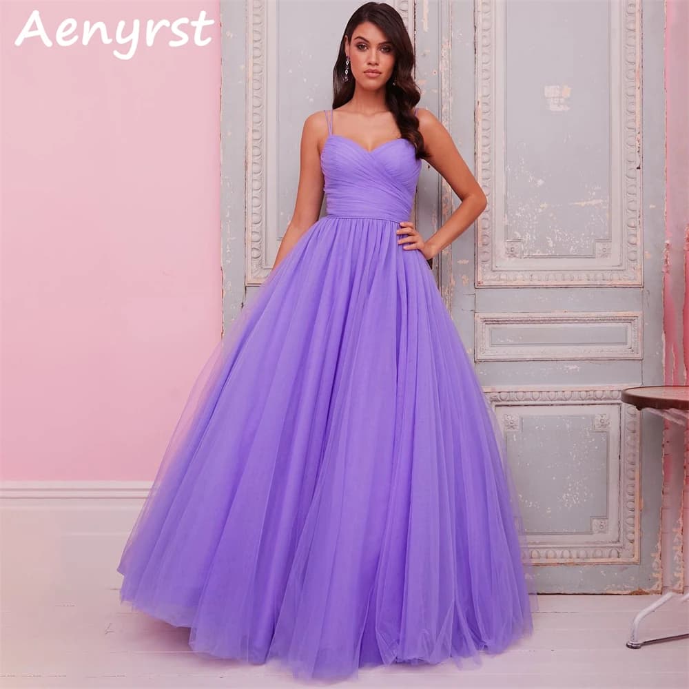 Aenyrst Viola Spaghetti Strap A Line Abiti da ballo Tulle Sweetheart Back Lace Up Abiti da sera Lunghezza pavimento Abito da festa Brithday