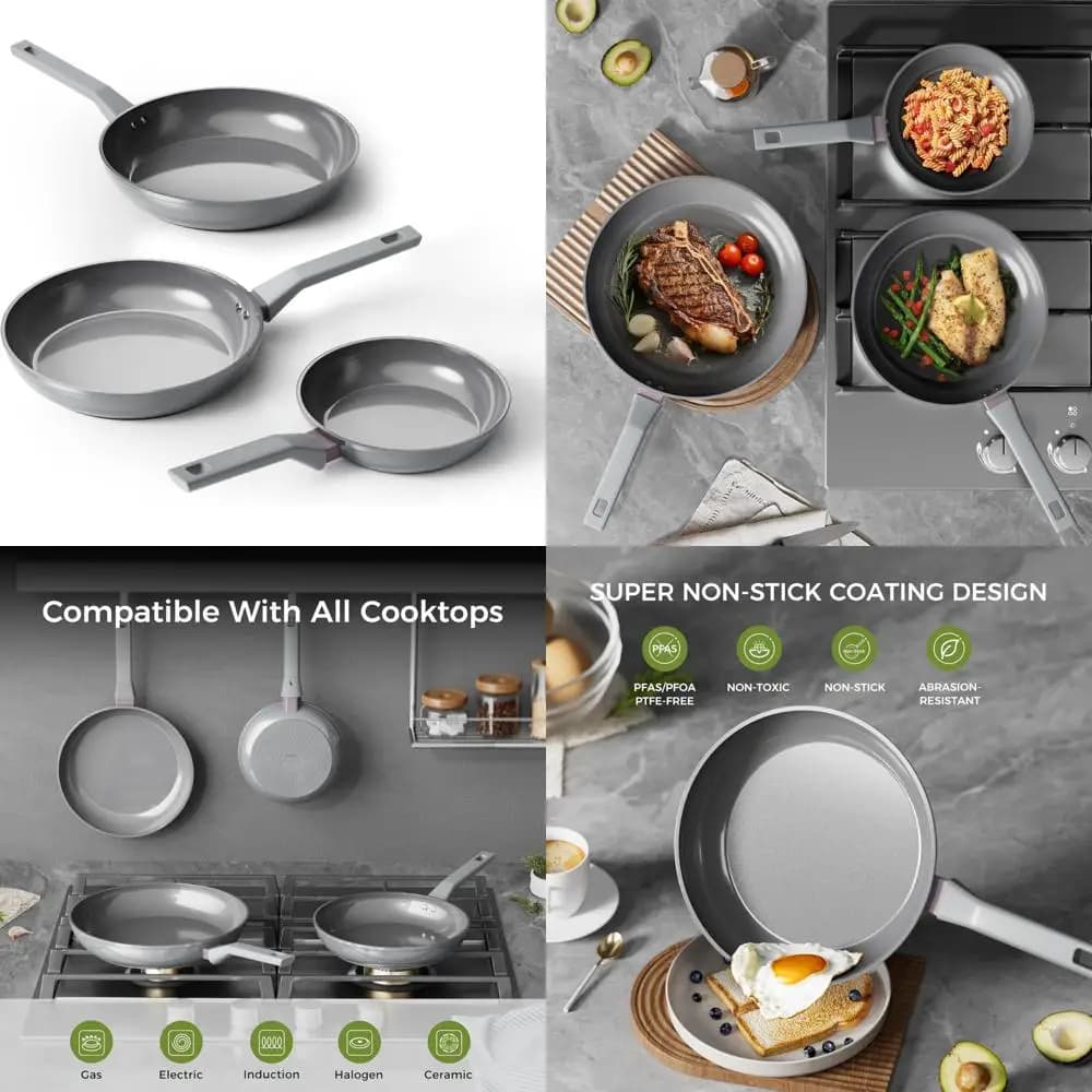 3 piece non-toxic healthy ceramic pans set - 8, 10 and 12 inch non-stick pans, free PFAS PTFE PFOA, compatible with induction