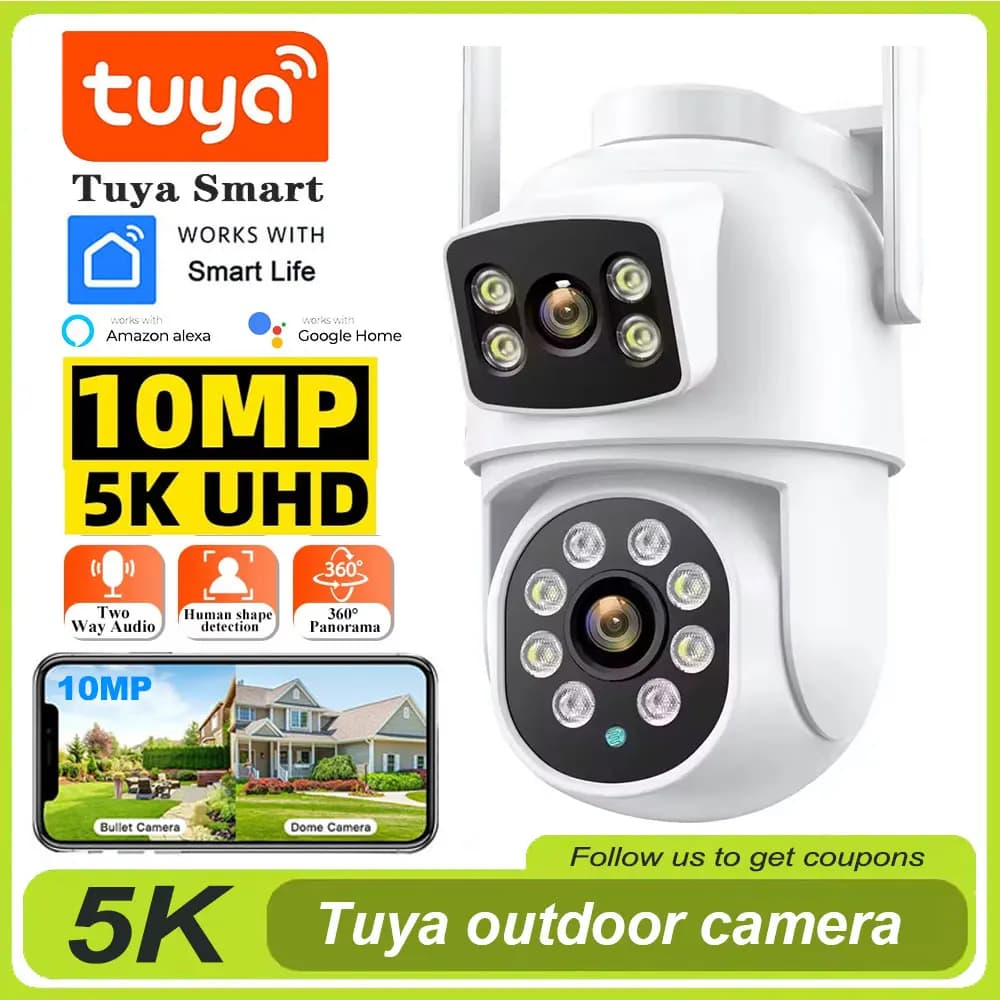 Telecamera WiFi Tuya 4K 8MP PTZ da Esterno con Doppio Schermo, Rilevamento Umano, Doppia Lente 10MP, Protezione di Sicurezza, Telecamera IP per Videosorveglianza