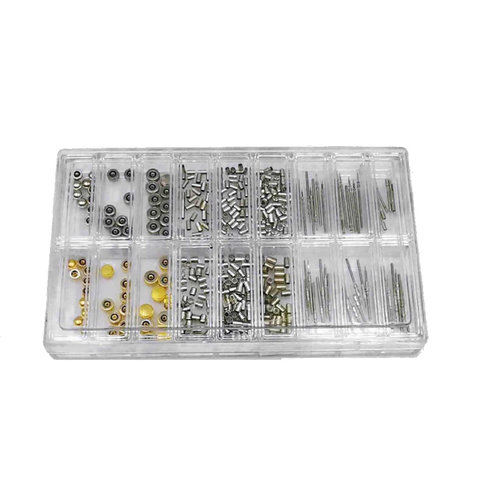 Set of crowns and stems for metal watches, assortment mixed in box, tool for repair watches
