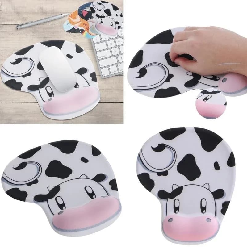 Tappetino per mouse T3EE Cartoon Cow con cuscino da polso integrato Tappetino per mouse con impugnatura in gomma ferma per la stabilità del desktop