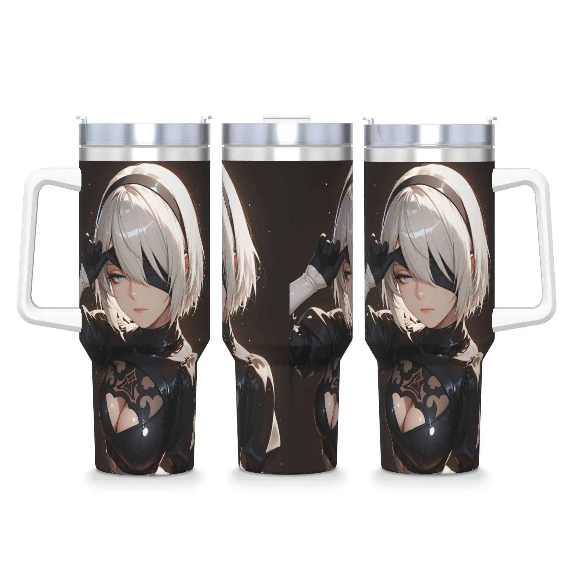 Tazza Termica da Viaggio in Acciaio Inox N-Nier Automata con Cannuccia e Coperchio, 40oz, per Auto, Bevande Calde e Acqua