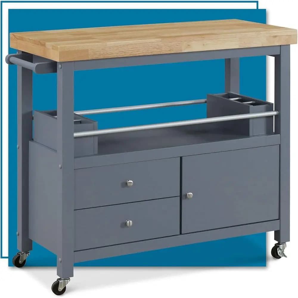 Gray Rolling Kitchen Island Cart with Storage, Butcher Block Top and Portable Cabinet Organization