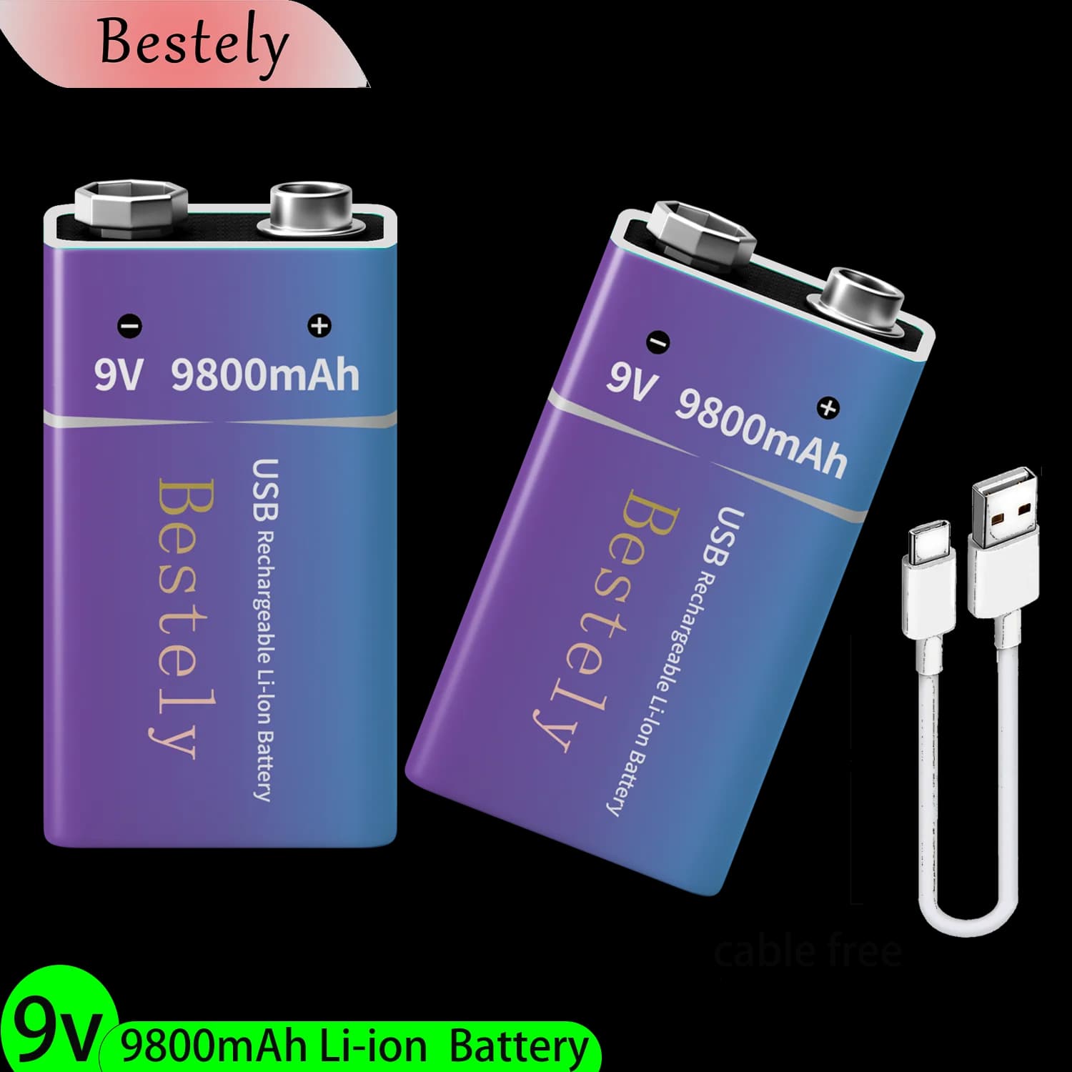 Nuova batteria al litio ricaricabile da 9 V, batterie agli ioni di litio da 9 V a lunga durata da 9800 mAh con cavo, per rilevatore di fumo, allarmi, microfono