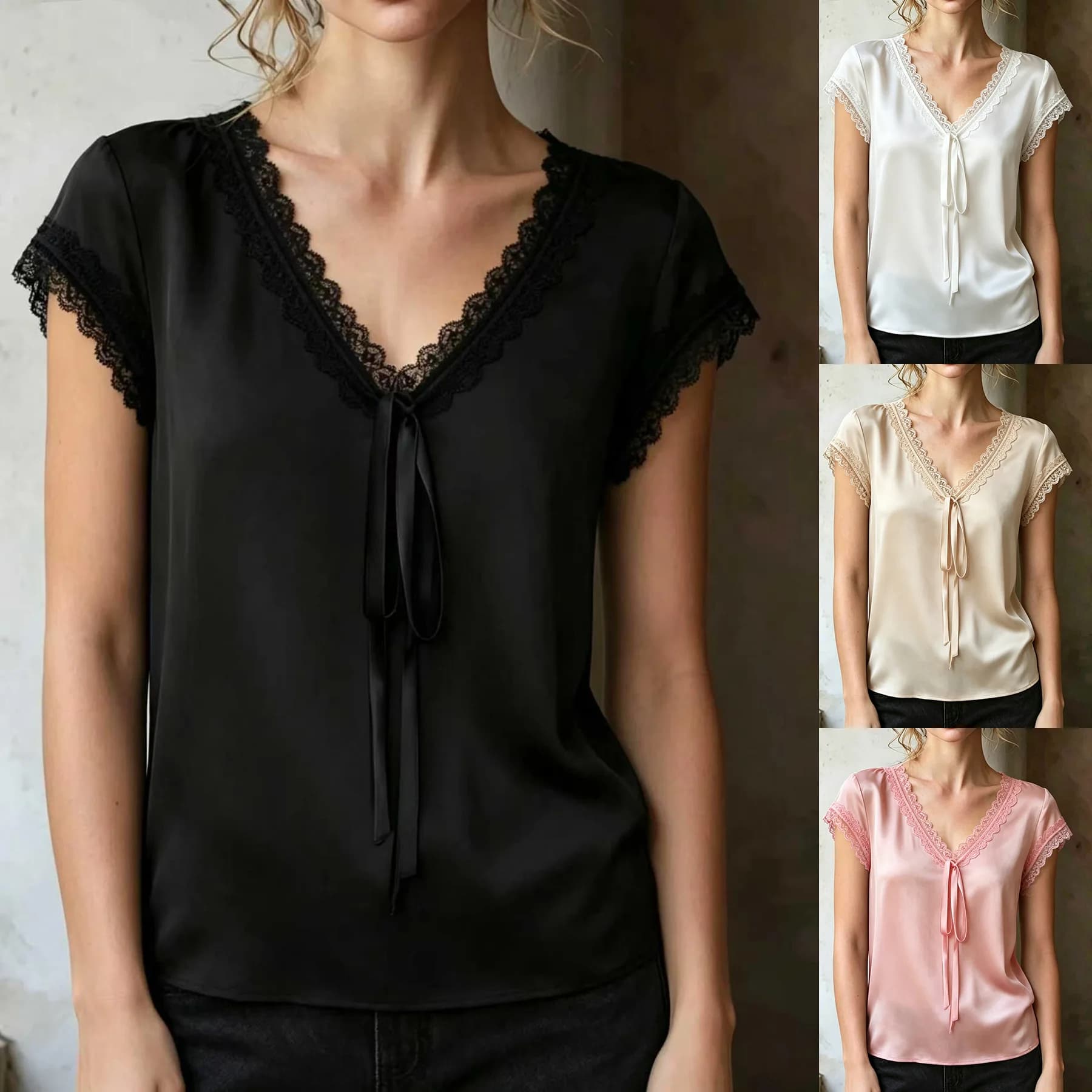 2026 Summer Satin Lace Patchwork Shirts Women's Lace Up Short Sleeve V-Neck Women's Blouses Casual Fashion Loose Pullover Tops
