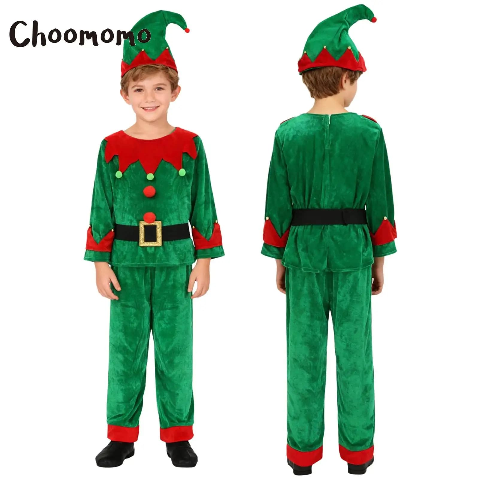Boys Christmas Elf Costume Xmas Santa Clause Set with Shirt Pants Hat Elf Ears Belt Stockings Festivals New Year Fancy Dress Up