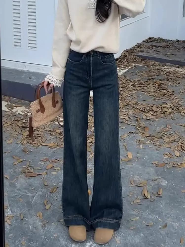 Jeans Bootcut a Vita Alta Foderati in Pile da Donna, Leggings Invernali Slim a Gamba Dritta, Pantaloni Vintage a Tutta Lunghezza