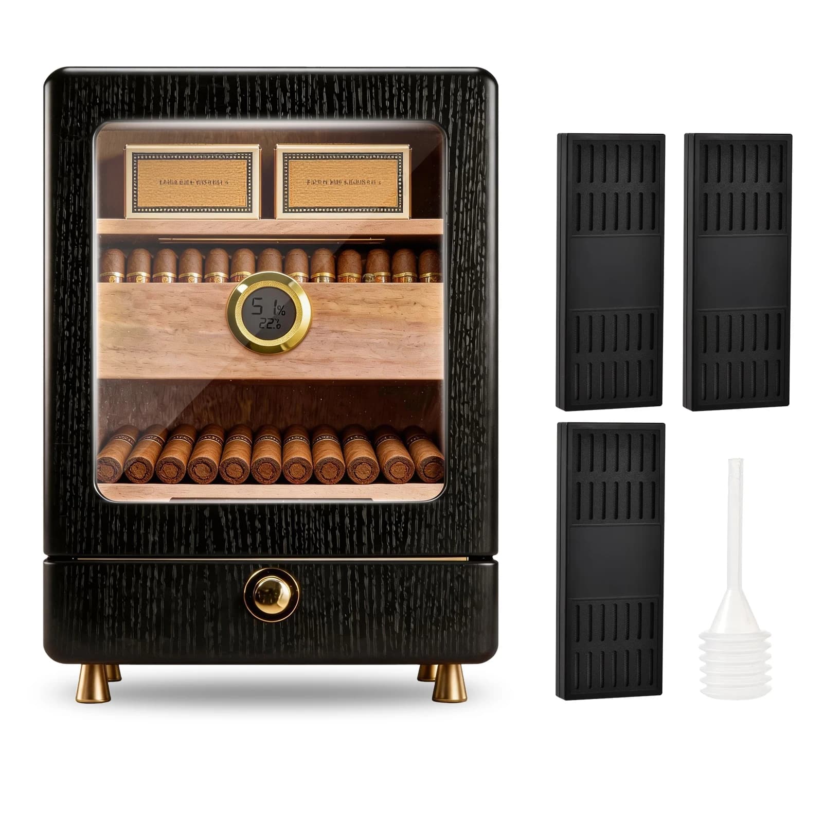 Grande Humidor Elettrico a 3 Livelli con Ripiani in Legno di Cedro, Igrometro Regolabile, Umidificatori e Cassetto - Regalo per Uomini