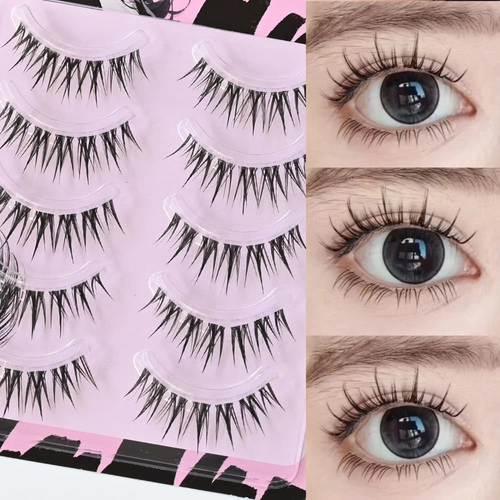 5 pairs of wet comic eyelashes, cat eyes and C rolls in natural style, fake eyelashes in fairytale style with thin stem