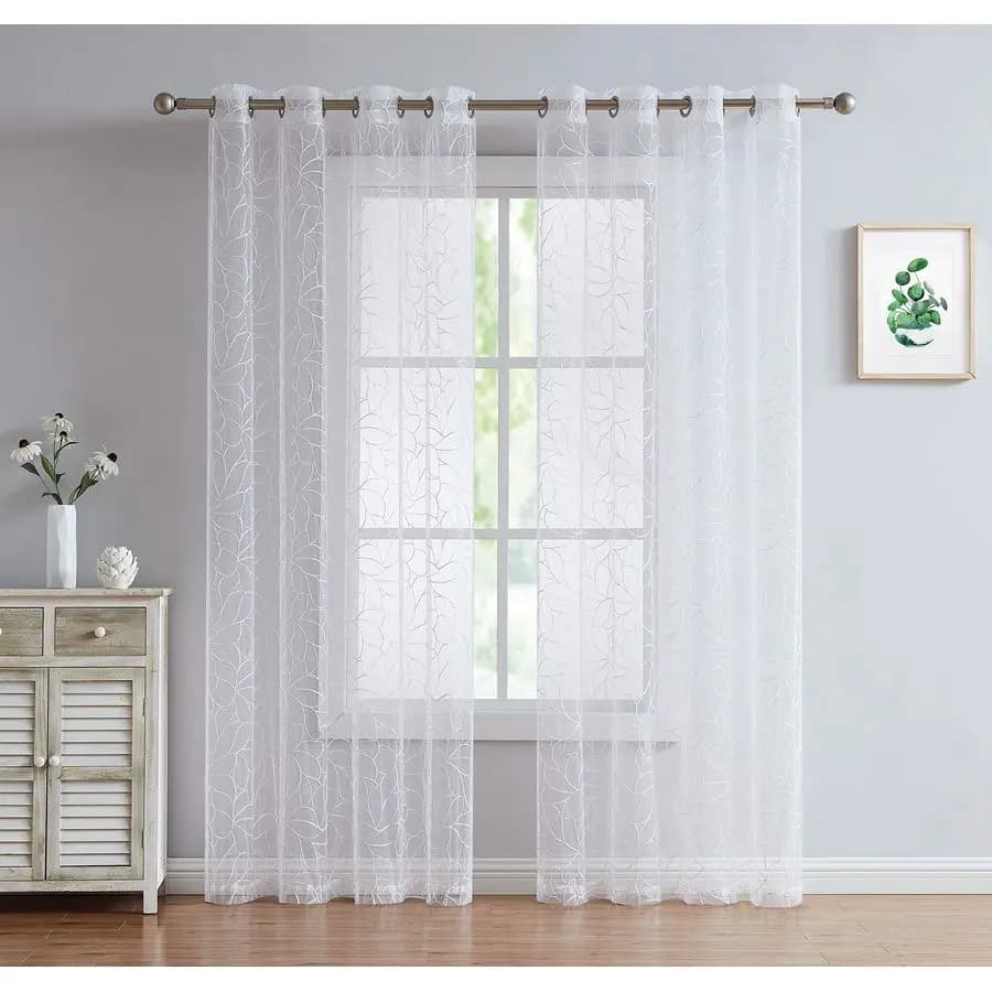 White Transparent Curtains with Embroidery for Living Room, Bedroom or Dining Room. Olivia 54 X 96 White