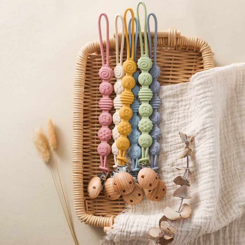 Catena per ciuccio in Silicone per bambini BPA Free Silicone massaggiagengive Clip per capezzoli in legno Baby molare dentizione giocattoli lenitivi per regalo neonato