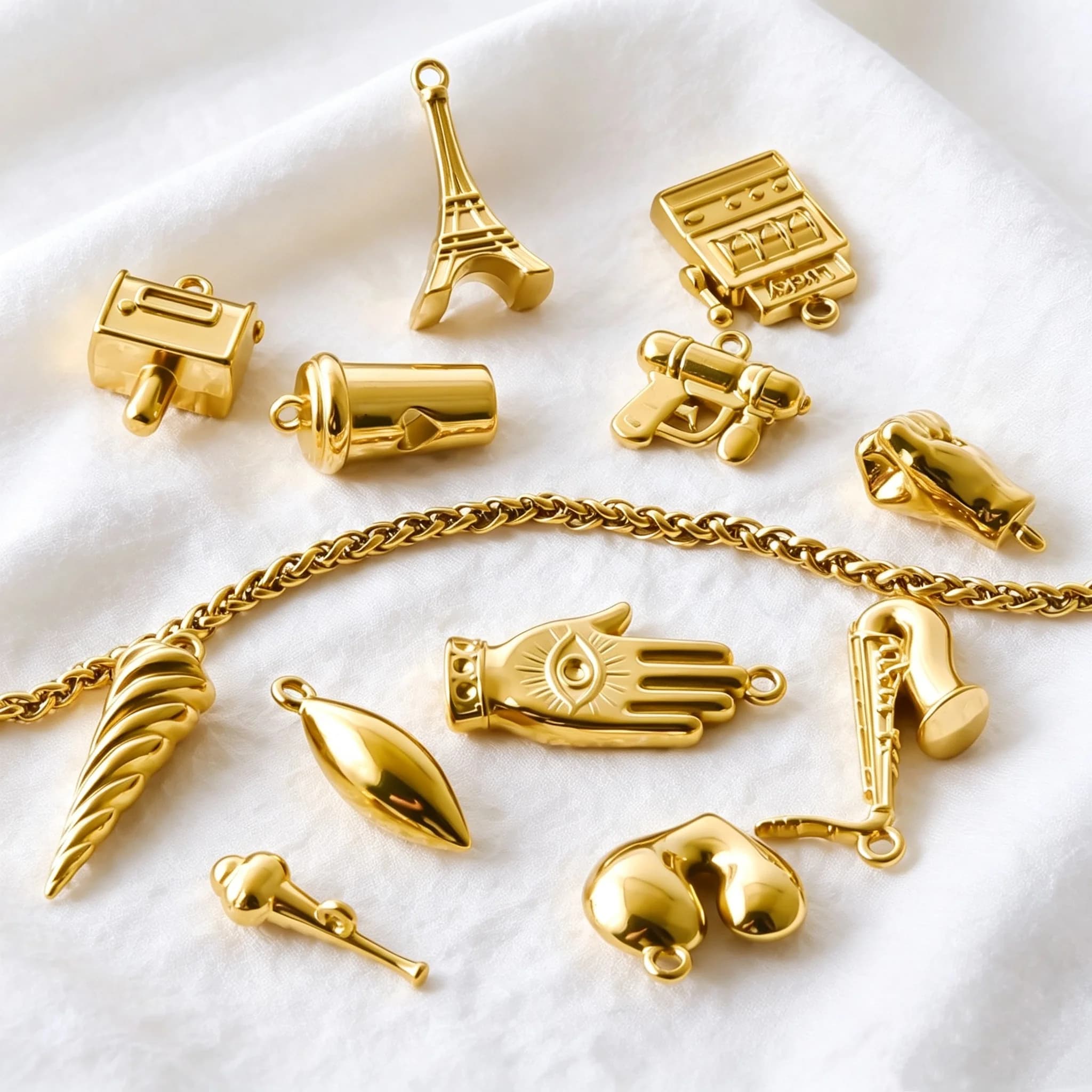 10Pcs PVD Plated Stainless Steel 3D Pendant Eiffel Tower Saxophone Fatima's Hand Pendants DIY Bracelet Necklace Jewelry Making