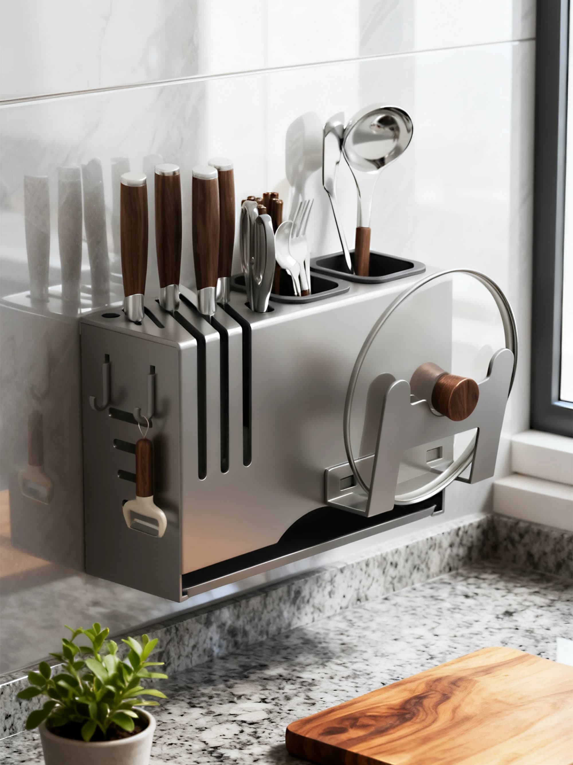 Multifunctional Wall Knife Holder for Kitchen, Bacchette Door, Carbon Steel Organizer, Integrated Design, New Model 2025