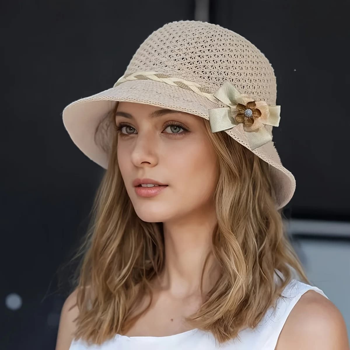 Women Elegant Floral Decor Straw Hat Hollow Breathable Woven Sun Hat Summer Fashion Bucket Cap For Beach Travel Vacation Outdoor Daily Accessory