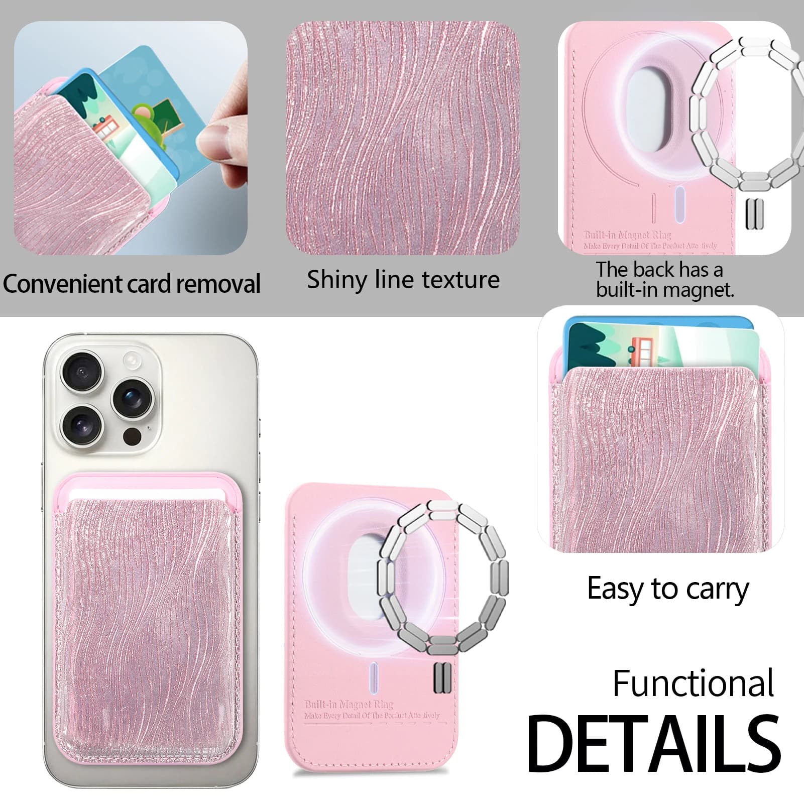 Portacarte in Pelle PU Glitterata Compatibile con Magsafe, Adesivo Magnetico, Anello Magnetico in Ferro, Custodia Universale per Telefono, Portafoglio per Carte